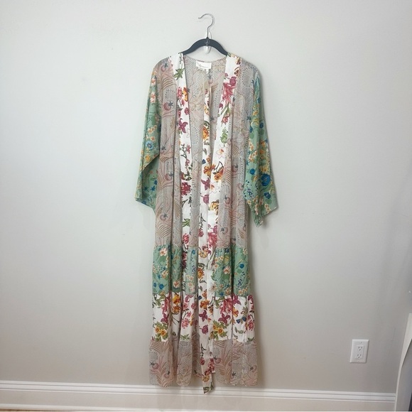 Anthropologie Dani Floral Kimono Duster Belt Bell Sleeve Metallic Thread - Picture 5 of 9